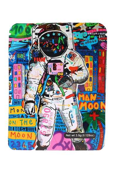 Wholesale “Man on the Moon” astronaut 3.5 g mylar pouch, graffiti-style art, 1/8 oz size, centered front product shot for head-shop listings.
