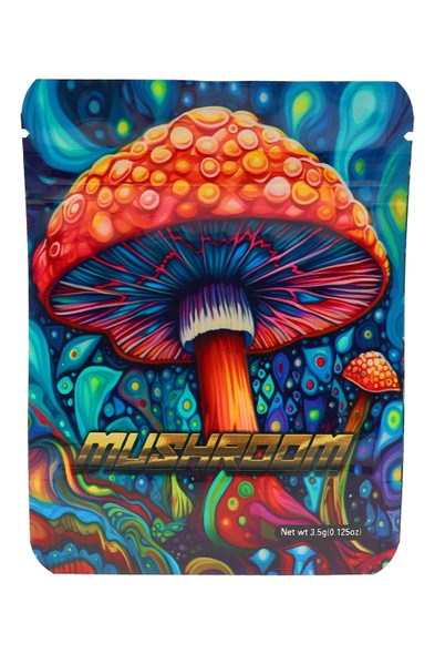 Wholesale 1/8 oz mushroom mylar bag, psychedelic blue-orange design with “MUSHROOM” text, 3.5 g capacity pouch, straight front view for retail pegs.