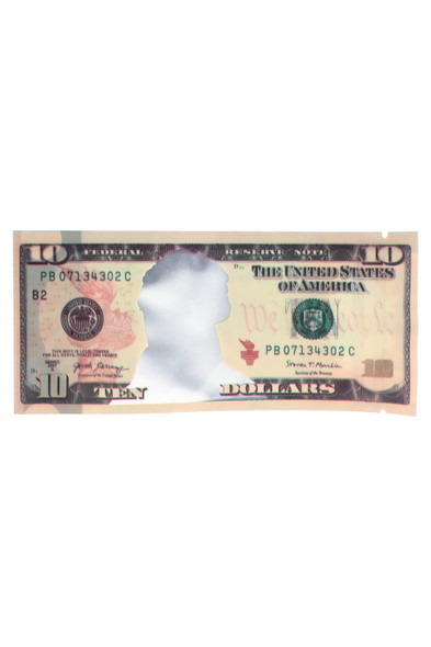 Wholesale 1/8 oz money mylar bag, $10 bill artwork with clear window, 3.5 g capacity pouch shown for retail packaging sets.