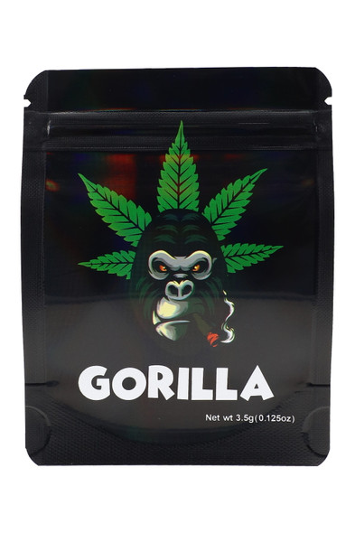 Head-shop packaging 1/8 oz ape mylar bag, Gorilla Leaf design on glossy black, 3.5 g capacity, centered front studio angle for wholesale listings.