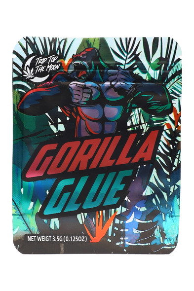 Wholesale 1/8 oz ape mylar bag, Gorilla Glue artwork with teal jungle print, 3.5 g capacity pouch, straight front view for retail peg walls.