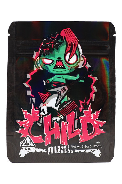 Wholesale 1/8 oz (3.5 g) Misfit “Child” mylar bag, black pouch with neon character art, centered front product view for retail peg-wall packaging.