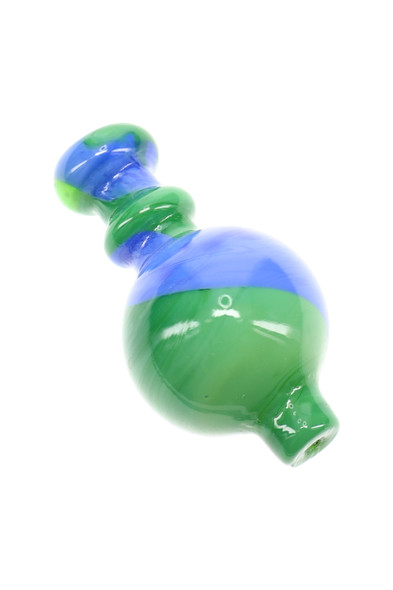 Green and blue swirl striped glass bubble carb cap, angled studio close-up; glossy finish for head-shop wholesale product pages.