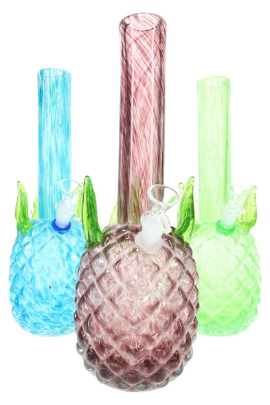 Medium soft-glass pineapple beaker trio in teal, rose, and light green; textured body and 14.5 mm joint, studio front view for retail smoke gear.