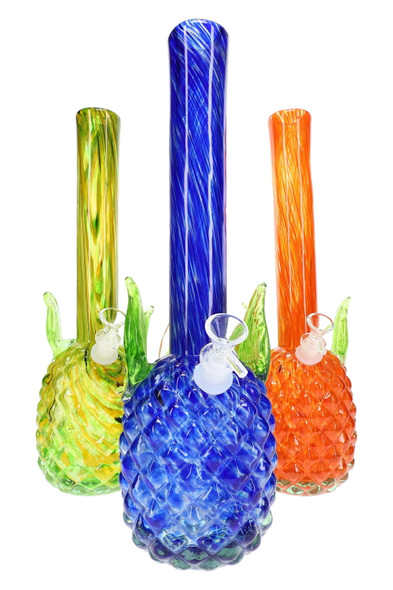 Large soft-glass pineapple beaker water pipes in blue, orange, and yellow with green leaves; 14.5 mm GoG joint shown, wholesale head-shop photo.