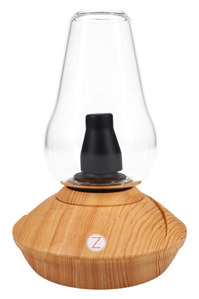 Zenco Uno desktop vaporizer in Wood finish with clear glass cup and black diffuser; premium wholesale vaporizer, front angle on white background.