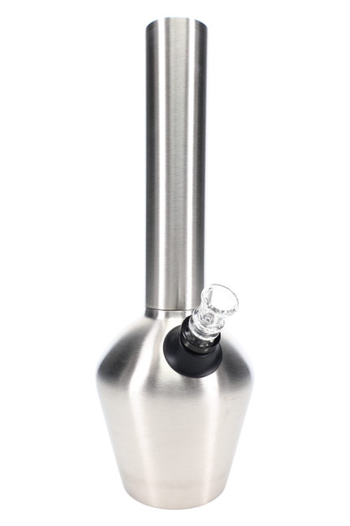 Brushed stainless 13" Chill beaker water pipe with 14.5 mm female joint and glass slide; vacuum-insulated base, front studio angle for wholesale listings.