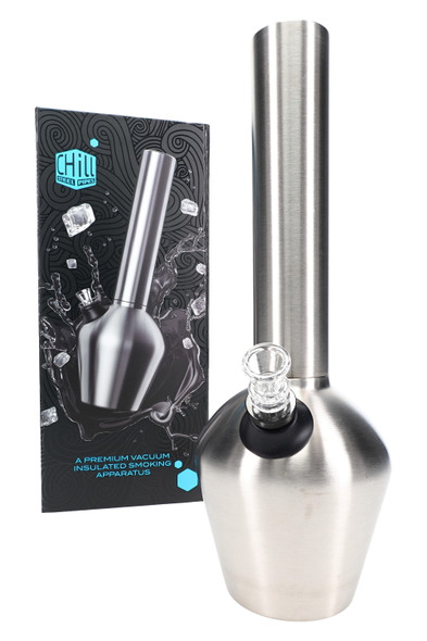 Chill stainless steel water pipe with retail box shown; 13" beaker, ceramic interior callout, three-quarter studio view for head-shop wholesale catalogs.