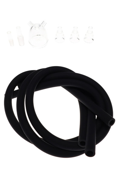 Three 28-inch black hoses coiled with clear borosilicate Medusa top and glass mouthpieces; wholesale e-rig kit components shown overhead on white.