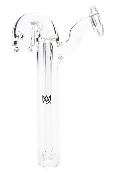 Clear borosilicate Sidecar Pivot glass top with angled mouthpiece and long downstem, 5.2 inches; wholesale e-rig attachment shown on white, front view.