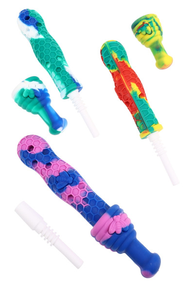 Multicolor silicone honeycomb dab straw with ceramic tip, assorted blue, green, and rainbow styles shown, angled flat lay for head-shop buyers.