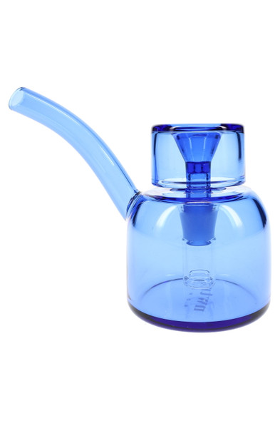 Lapis blue 5" borosilicate tabletop bubbler with 14 mm slide, side profile on white—sleek head-shop display piece for wholesale buyers.