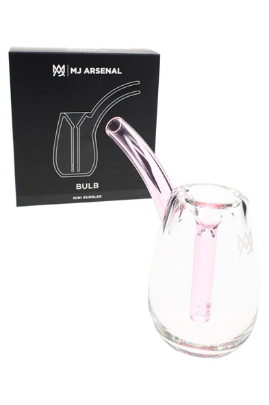 Pink Bulb Mini Bubbler beside MJ Arsenal retail box, angled view—shelf-ready packaging for smoke-shop resale.