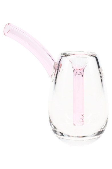 Petal pink-accent 3.5" borosilicate bulb mini bubbler, side profile showing downstem—compact head-shop display piece for wholesale buyers.