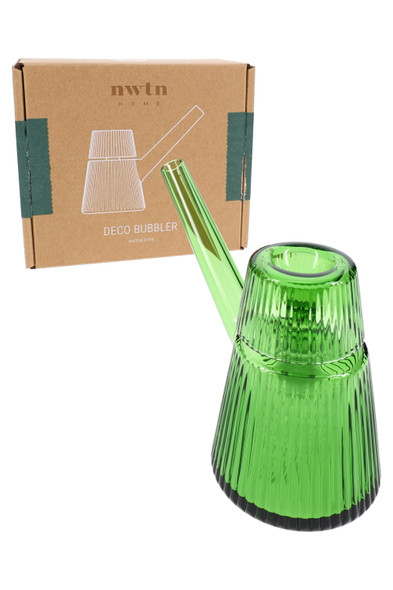 Emerald green Deco bubbler beside NWTN Home retail box, three-quarter angle highlighting packaging—shelf-ready wholesale water pipe.