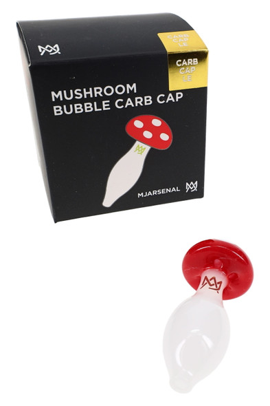 Limited edition Mushroom Bubble Carb Cap beside MJ Arsenal retail box, angled studio view—shelf-ready wholesale dab accessory for display.