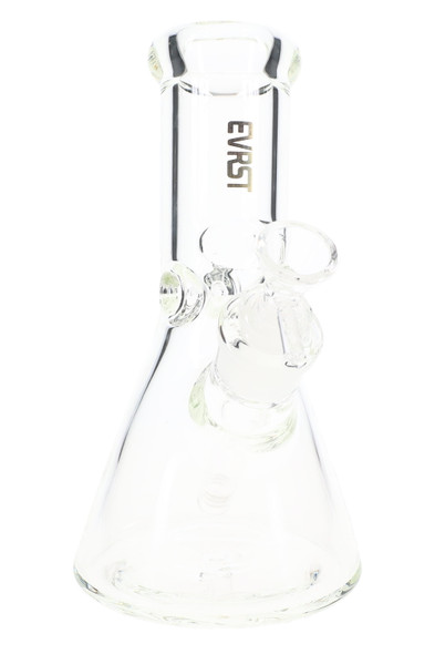 Clear 8" 9 mm thick glass-on-glass beaker water pipe with gold EVRST logo, straight-on studio view for wholesale smoke shop buyers.