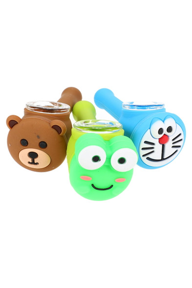 Front view of three silicone character hand pipes showing bear, frog and cartoon faces with glass bowls, novelty silicone pieces for head-shop inventory.