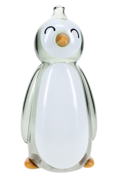 6" smoky glass Hemper penguin bong with white belly and yellow feet, front view on white background for smoke shop water pipe buyers.