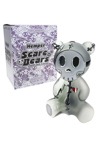 Hemper Scare Bears Teddy Bear XL bong in half-frosted black glass posed beside purple Scare Bears retail box, shelf-ready character water pipe for head-shop buyers.