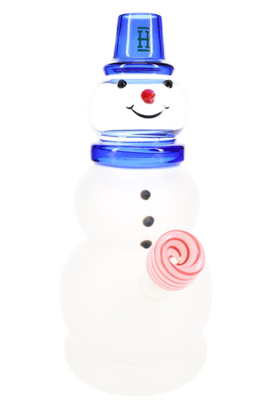 10" Hemper Snowman XL frosted white glass bong with clear head, blue hat and pink candy-striped bowl, tall novelty water pipe product shot for wholesale buyers.