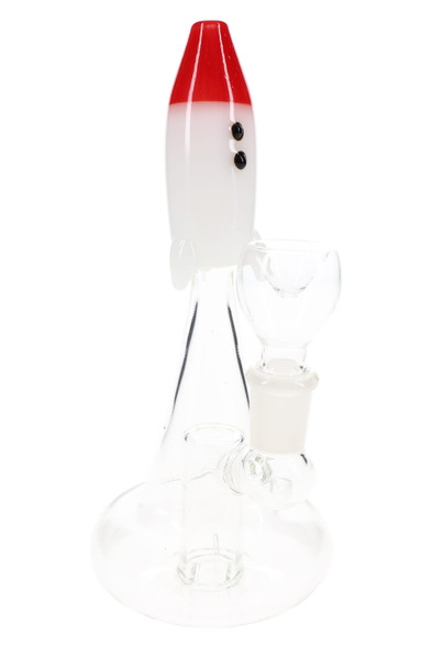 7.5" Hemper Blast Off Rocket bong in red and white with clear tapered rocket base and showerhead perc, front studio shot optimized for smoke shop listings.