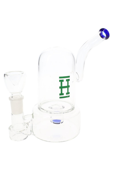 Clear Hemper 7" Bell glass bong with bent neck and green logo, wide bell base and jointed bowl, studio shot for wholesale smoke-shop product listing.