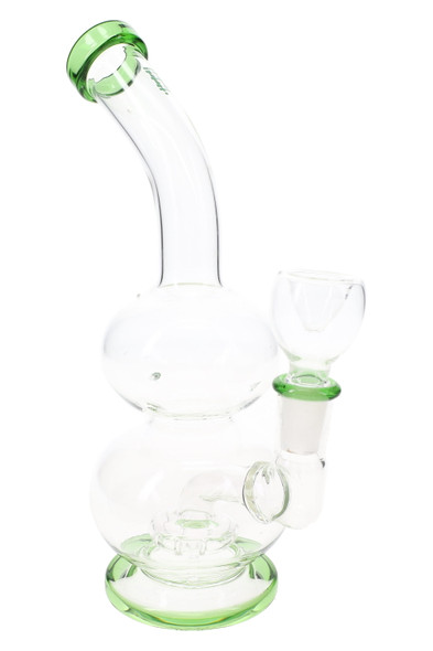 6" clear Hemper Tornado Vortex globe bong with showerhead perc and 14.5 mm bowl, straight-on studio shot for wholesale smoke shop water pipe listings.