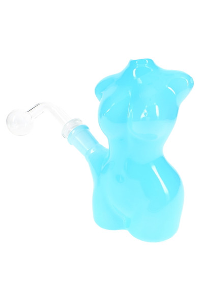 Blue 6" glass female figure rig with clear dome and angled neck, single-item photo for bulk resale listings.