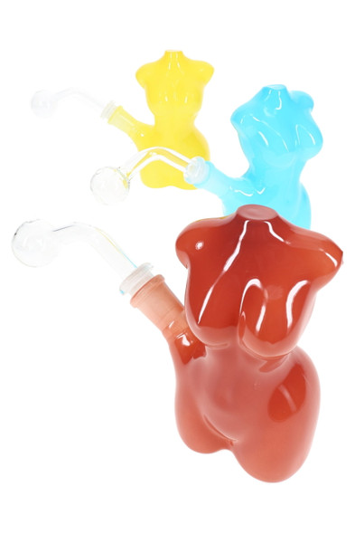 Three 6" colored glass female figure rigs with clear dome, assortment shot for wholesale smoke shop restock.