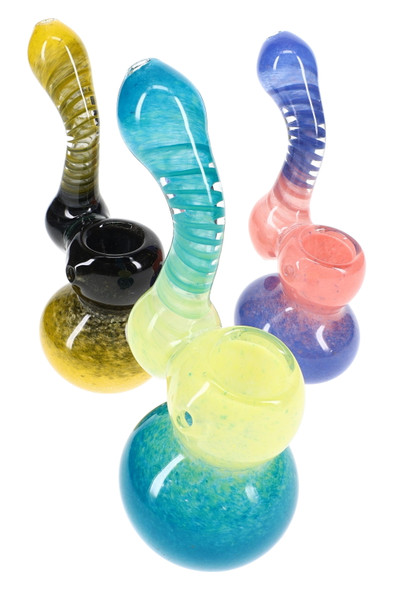 Three 5.5" spiral frit sherlock bubblers in mixed colors, group shot for wholesale smoke shop display