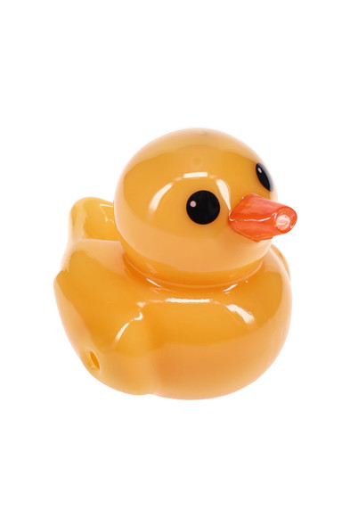 Side angle of yellow duck-shaped glass hand pipe with orange beak mouthpiece, wholesale hand pipe close-up