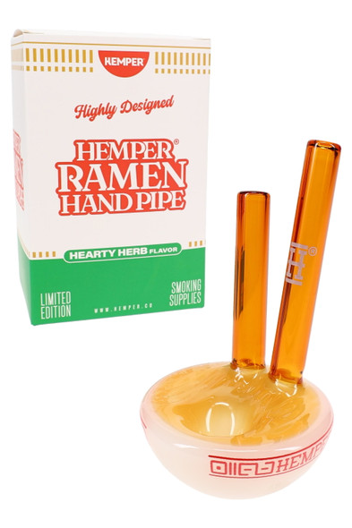 Boxed Hemper Ramen Bowl hand pipe with amber chopstick mouthpiece, smoke shop inventory hero on white