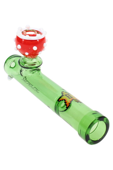 Angled close-up of green glass tube hand pipe with red piranha flower bowl, head-shop supplies product photo