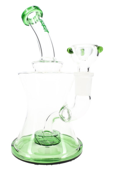 Front view 7" hourglass glass bong with green base and showerhead perc, wholesale water pipe listing photo