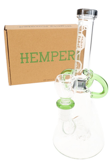 Boxed Hemper Cyberpunk bong with green accents and matching bowl, retail smoke gear hero for B2B resale