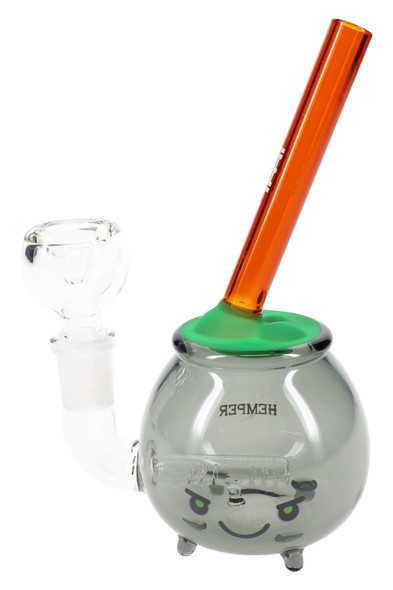 6" Hemper cauldron glass bong, transparent black body with inline perc and amber stem, retail-ready view
