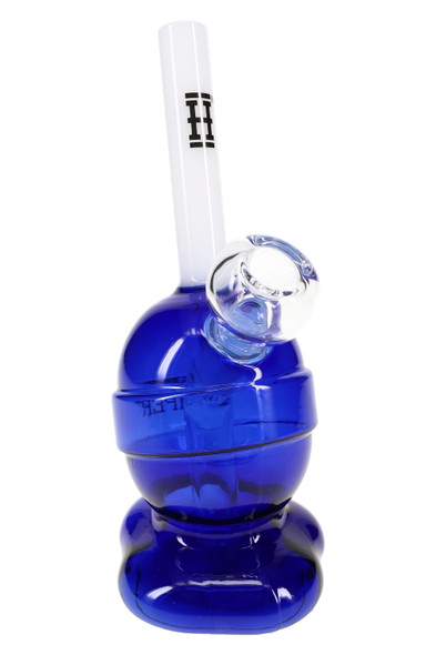 Blue Hemper lollipop glass bong, 6.5" with white stick mouthpiece—showcase-ready glassware close-up