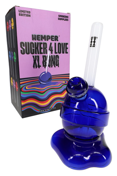 Hemper Sucker 4 Love XL lollipop bong with retail box, blue melt base—smoke shop display set
