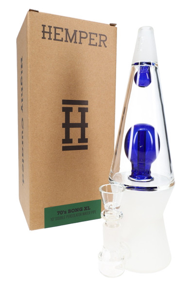 Hemper retail box beside blue-accent 70’s XL bong with bowl—display case ready packaging and product photo