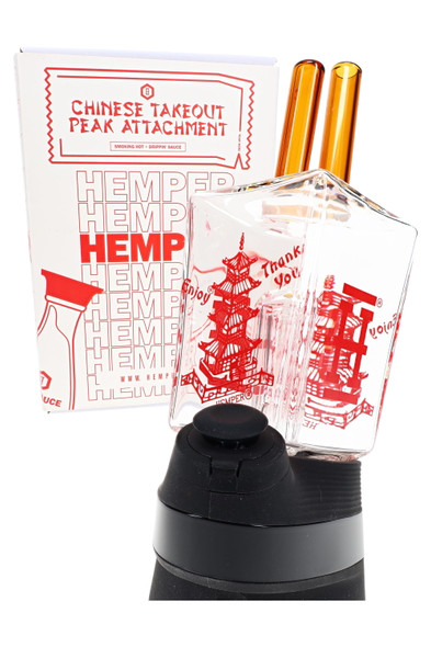Hemper Chinese Takeout Peak attachment with retail box, clear cube top and twin amber straws—smoke shop display add-on