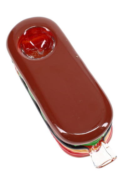 Wholesale hand pipe, angled top view showing glossy red bun body and bowl opening on sandwich design