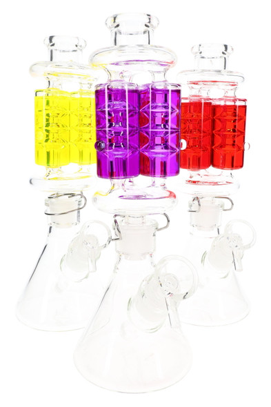 Wholesale water pipe lineup showing yellow, purple, and red glycerin-filled triple chambers, front view