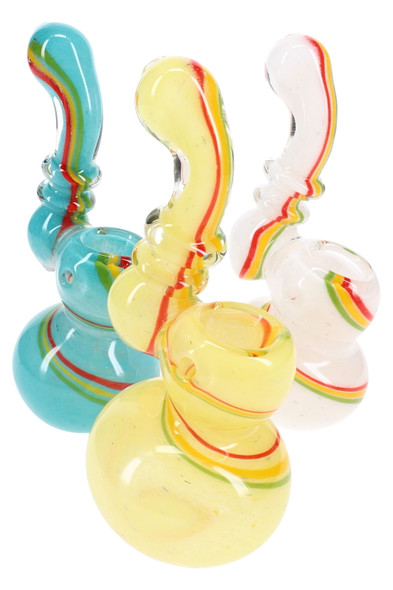 Assorted 5" rasta swirl frit Sherlock bubblers—wholesale glass bubbler photo showing three colorways on white