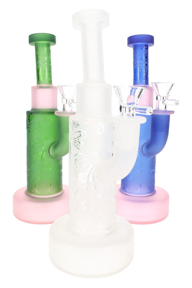 Assorted 9" frosted space water pipes in green, blue, and white with pink base, wholesale glass lineup front view