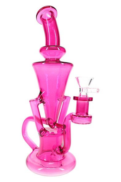 Pink 10.5" glass-on-glass stemless recycler water pipe with bowl, side profile for retail smoke gear listings