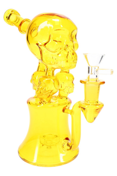 Yellow 8.5" skull recycler GoG water pipe with bowl, side view for retail smoke gear product photos