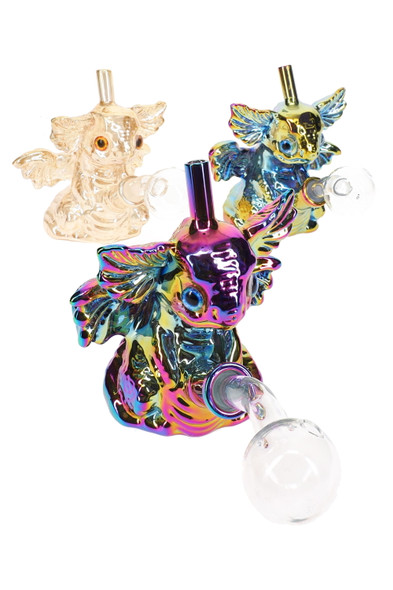 Metallic sea-creature oil burner rigs in assorted colors, wholesale smoke shop supplies group hero on white