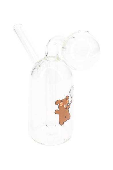 4.5" clear beaker oil burner rig with bear decal, angled hero shot for head-shop supplies listings