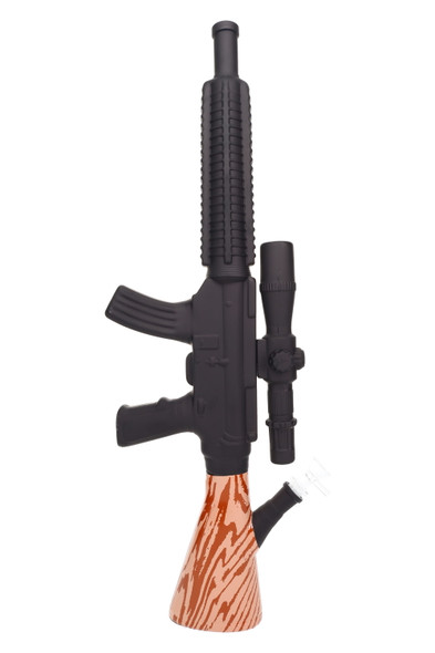 24" rifle-style glass water pipe with woodgrain beaker base, wholesale display hero shot on white